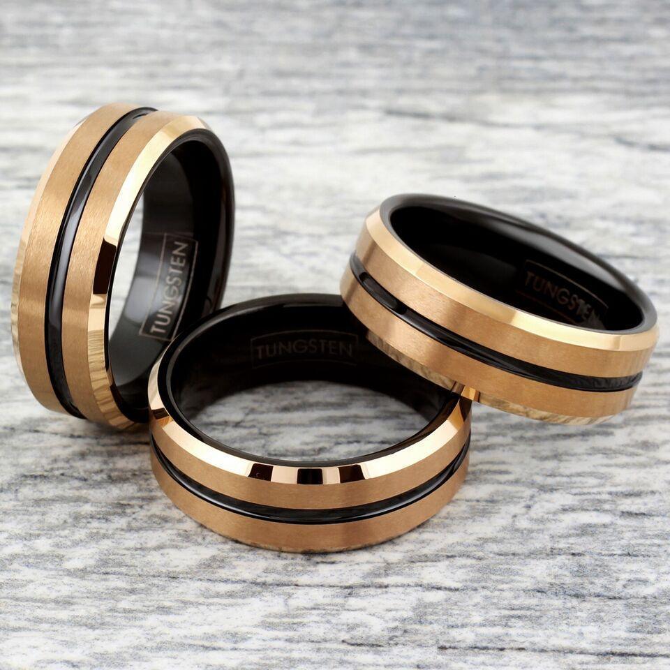 6mm Brushed Rose Gold Plated Tungsten Carbide Wedding Band Ring for Men & Women – Black Stripe Design - Jewelry Store by Erik Rayo
