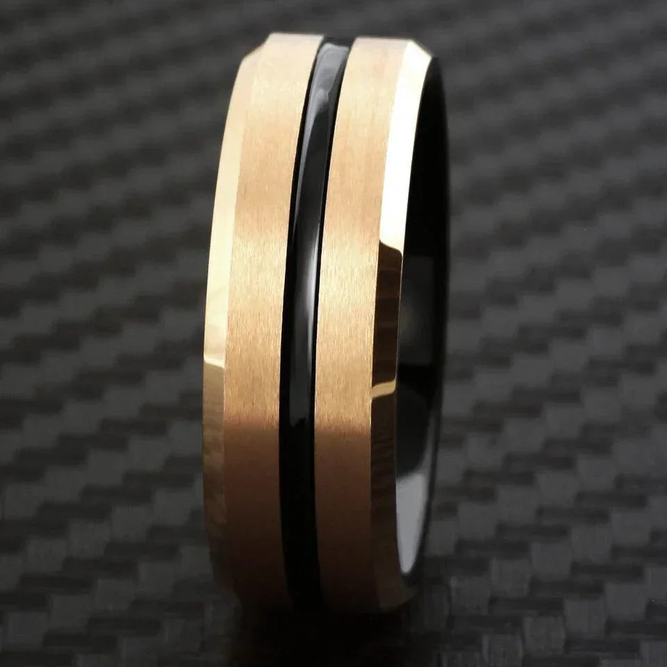 6mm Brushed Rose Gold Plated Tungsten Carbide Wedding Band Ring for Men & Women – Black Stripe Design - Jewelry Store by Erik Rayo