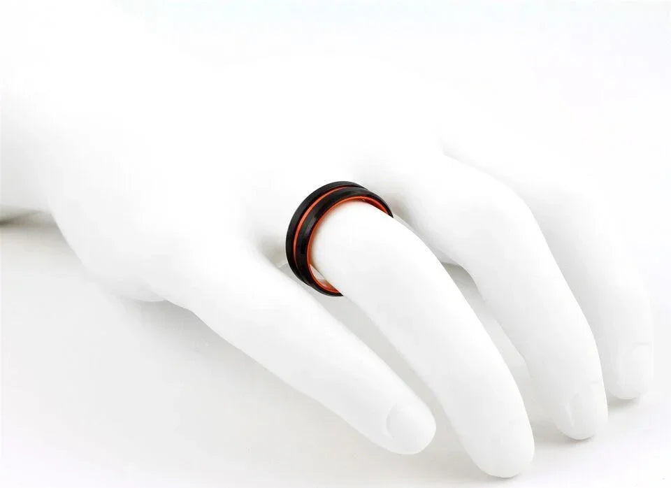 6mm Black Tungsten Carbide Wedding Band Ring for Men & Women – Thin Orange Line Design - Jewelry Store by Erik Rayo