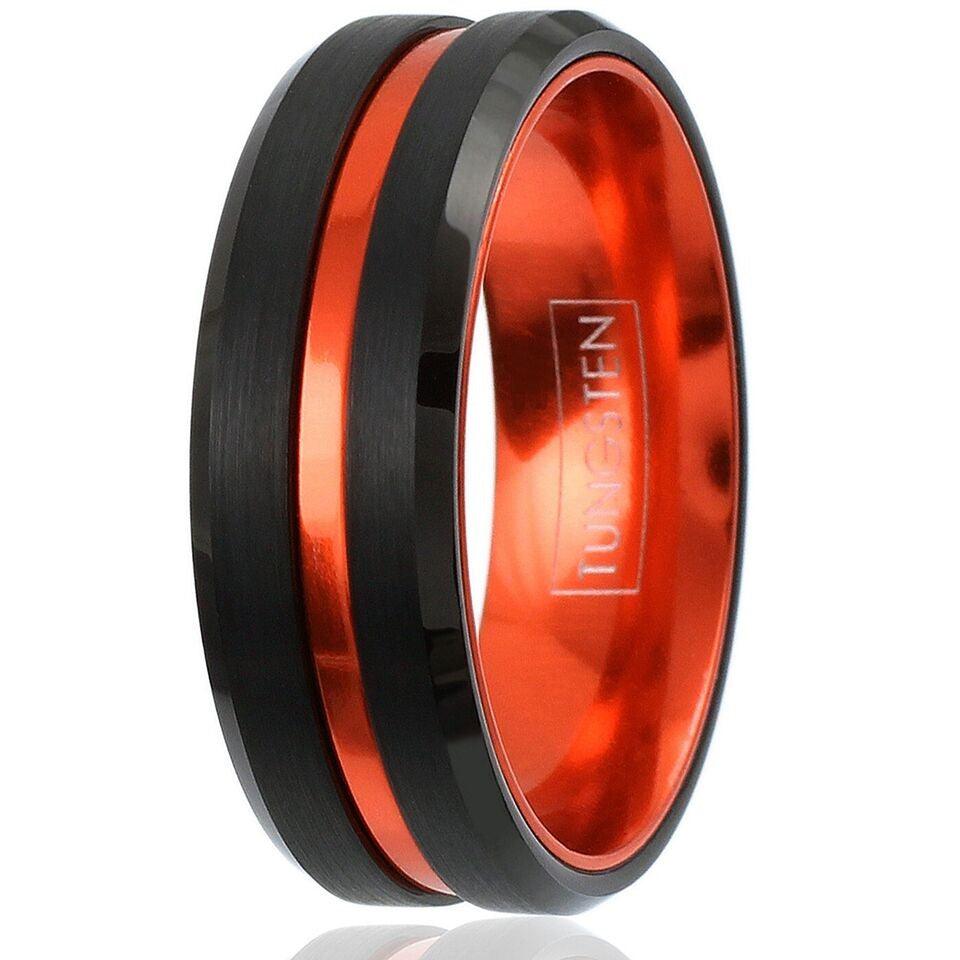 Mens Wedding Band Rings for Men | Wedding Rings for Women | Black Thin Orange Line Mens Rings