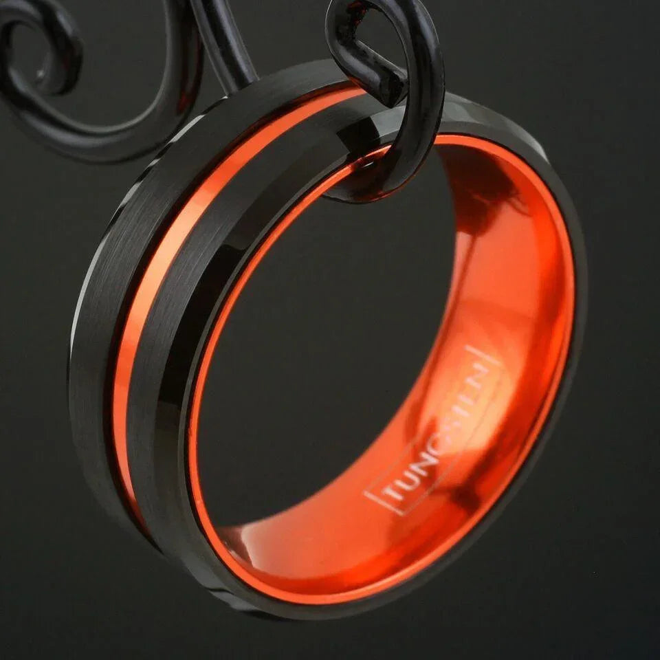 Mens Wedding Band Rings for Men | Wedding Rings for Women | Black Thin Orange Line Mens Rings - Jewelry Store by Erik Rayo