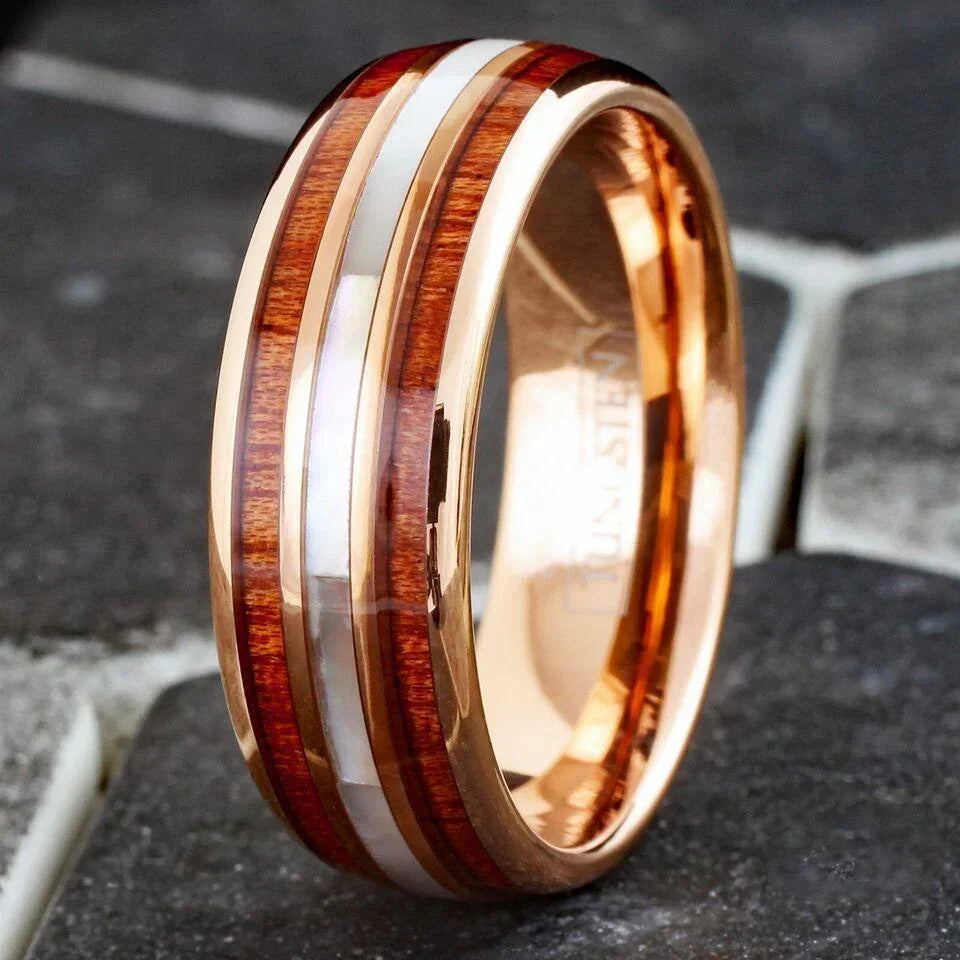 6mm Rose Gold Plated Tungsten Wedding Band for Men & Women – Mother of Pearl & Koa Wood Inlay Design - Jewelry Store by Erik Rayo