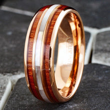 Load image into Gallery viewer, Men&#39;s Wedding Band Rings - Rose Gold Plated with Mother of Pearl and Koa Wood - Wedding Rings for Men and Women
