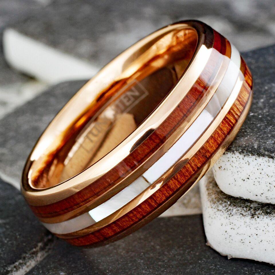 6mm Rose Gold Plated Tungsten Wedding Band for Men & Women – Mother of Pearl & Koa Wood Inlay Design - Jewelry Store by Erik Rayo