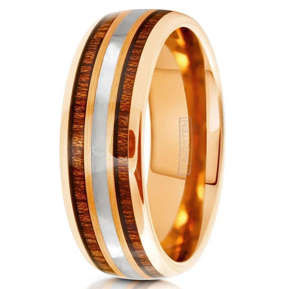 6mm Rose Gold Plated Tungsten Wedding Band for Men & Women – Mother of Pearl & Koa Wood Inlay Design - Jewelry Store by Erik Rayo