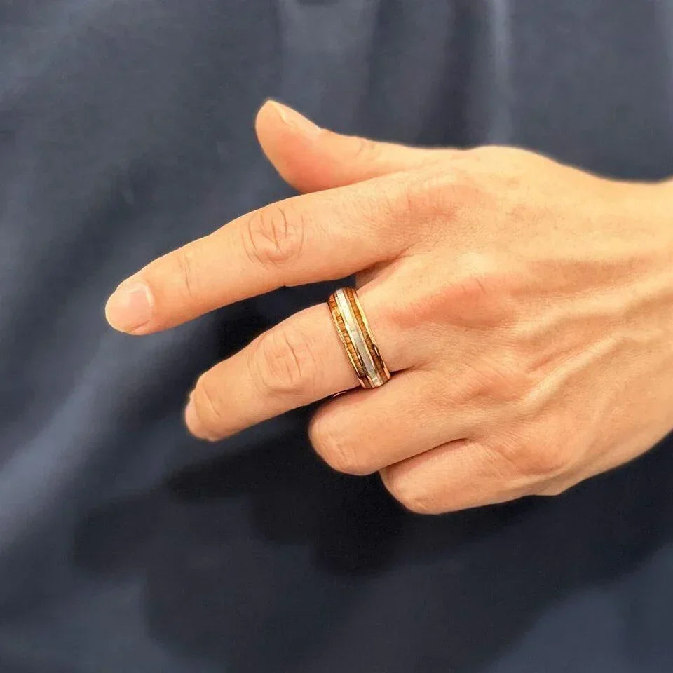 Men's Wedding Band Rings - Rose Gold Plated with Mother of Pearl and Koa Wood - Wedding Rings for Men and Women - Jewelry Store by Erik Rayo