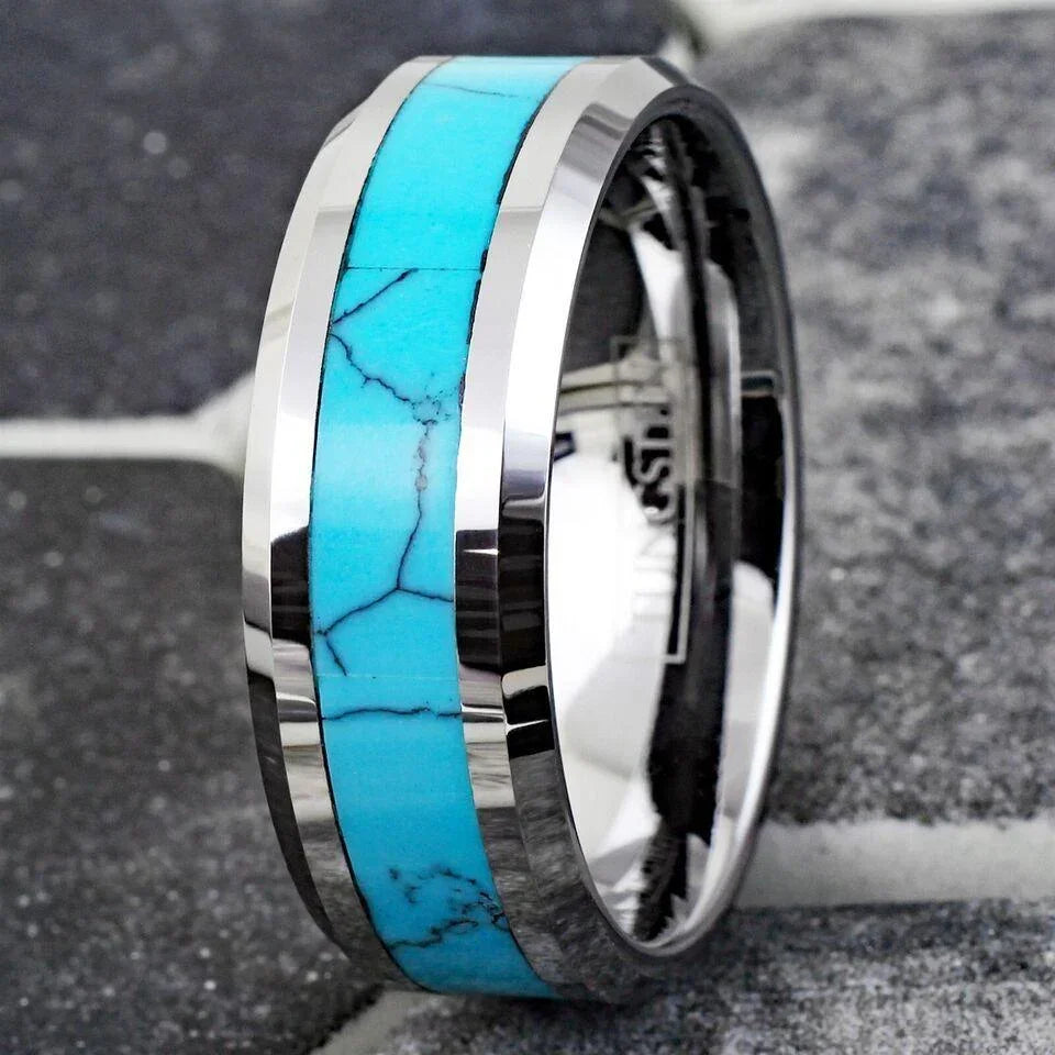 6mm Tungsten Carbide Wedding Band Ring for Men & Women – Turquoise Center Design - Jewelry Store by Erik Rayo