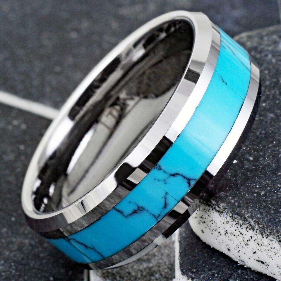 6mm Tungsten Carbide Wedding Band Ring for Men & Women – Turquoise Center Design - Jewelry Store by Erik Rayo