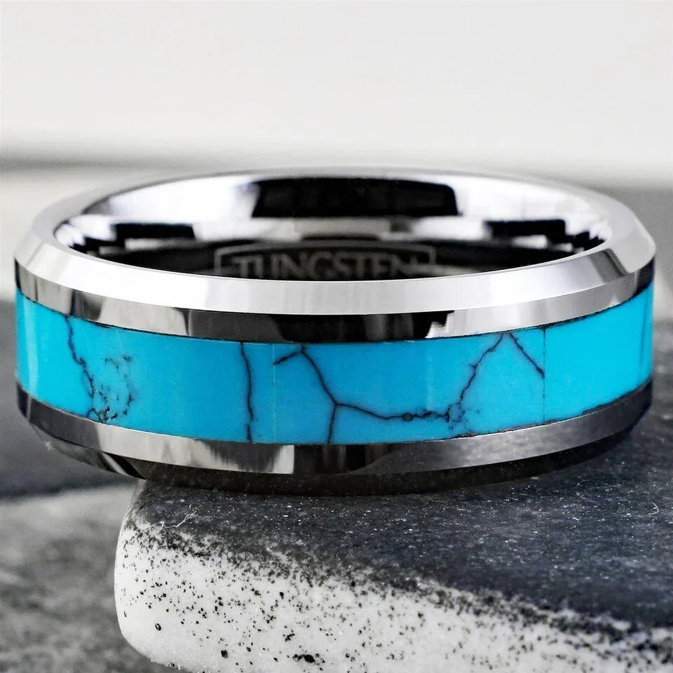 6mm Tungsten Carbide Wedding Band Ring for Men & Women – Turquoise Center Design - Jewelry Store by Erik Rayo