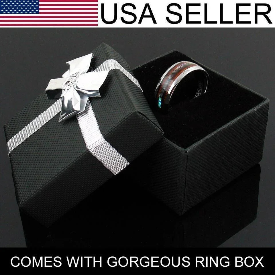 6mm Tungsten Carbide Wedding Band Ring for Men & Women – Hawaiian Koa Wood & Abalone Inlay Design - Jewelry Store by Erik Rayo
