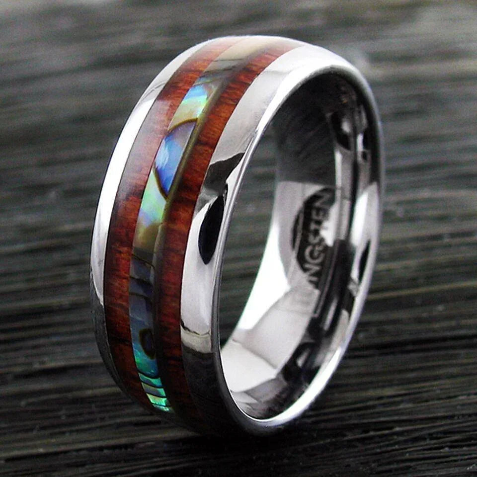 6mm Tungsten Carbide Wedding Band Ring for Men & Women – Hawaiian Koa Wood & Abalone Inlay Design - Jewelry Store by Erik Rayo