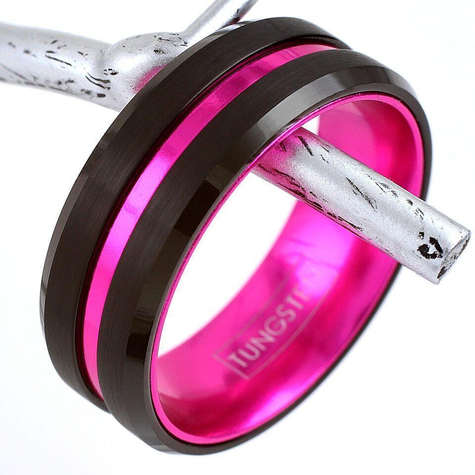 6mm Black Tungsten Carbide Wedding Band Ring for Men & Women – Pink Line Stripe Design - Jewelry Store by Erik Rayo