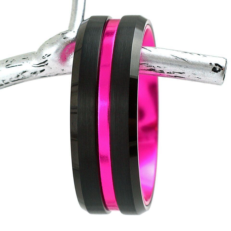 6mm Black Tungsten Carbide Wedding Band Ring for Men & Women – Pink Line Stripe Design - Jewelry Store by Erik Rayo