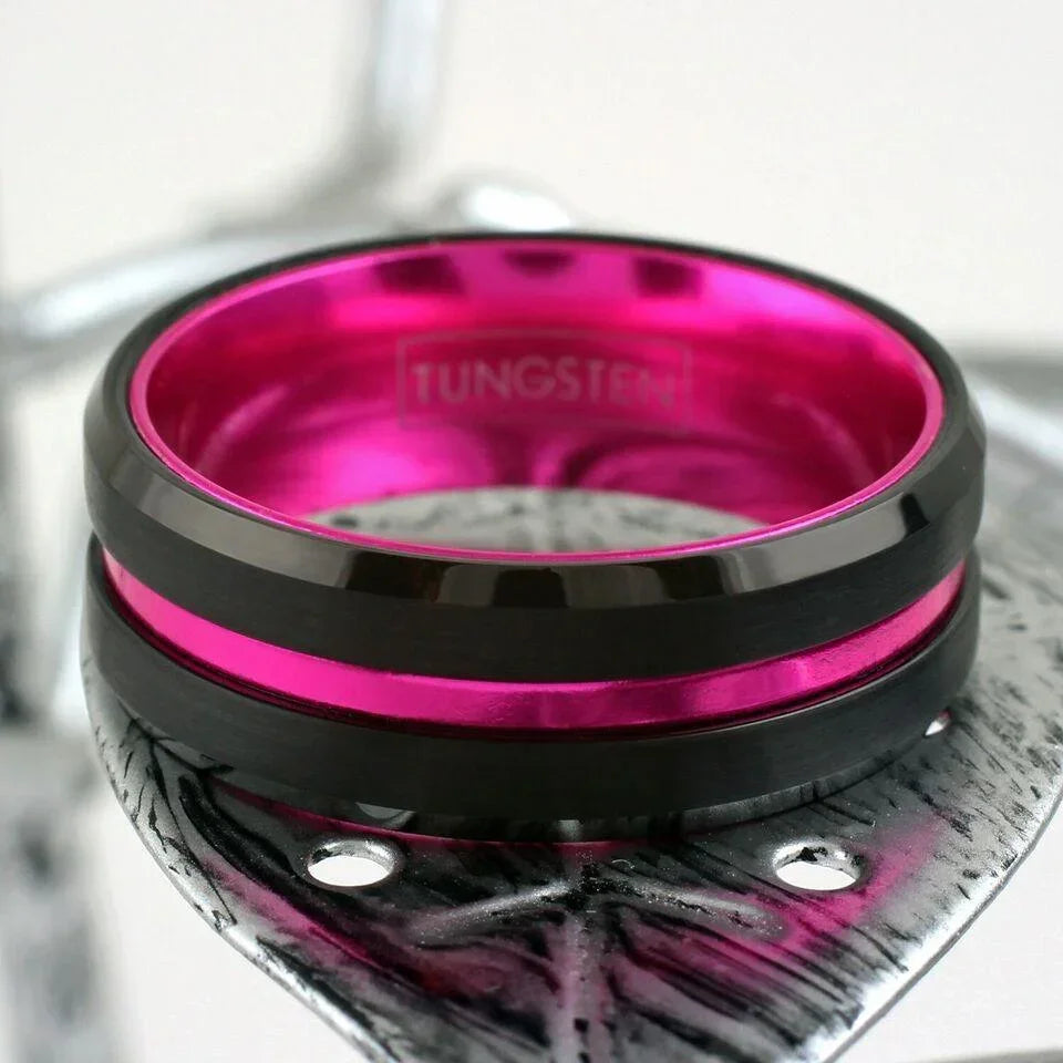 6mm Black Tungsten Carbide Wedding Band Ring for Men & Women – Pink Line Stripe Design - Jewelry Store by Erik Rayo