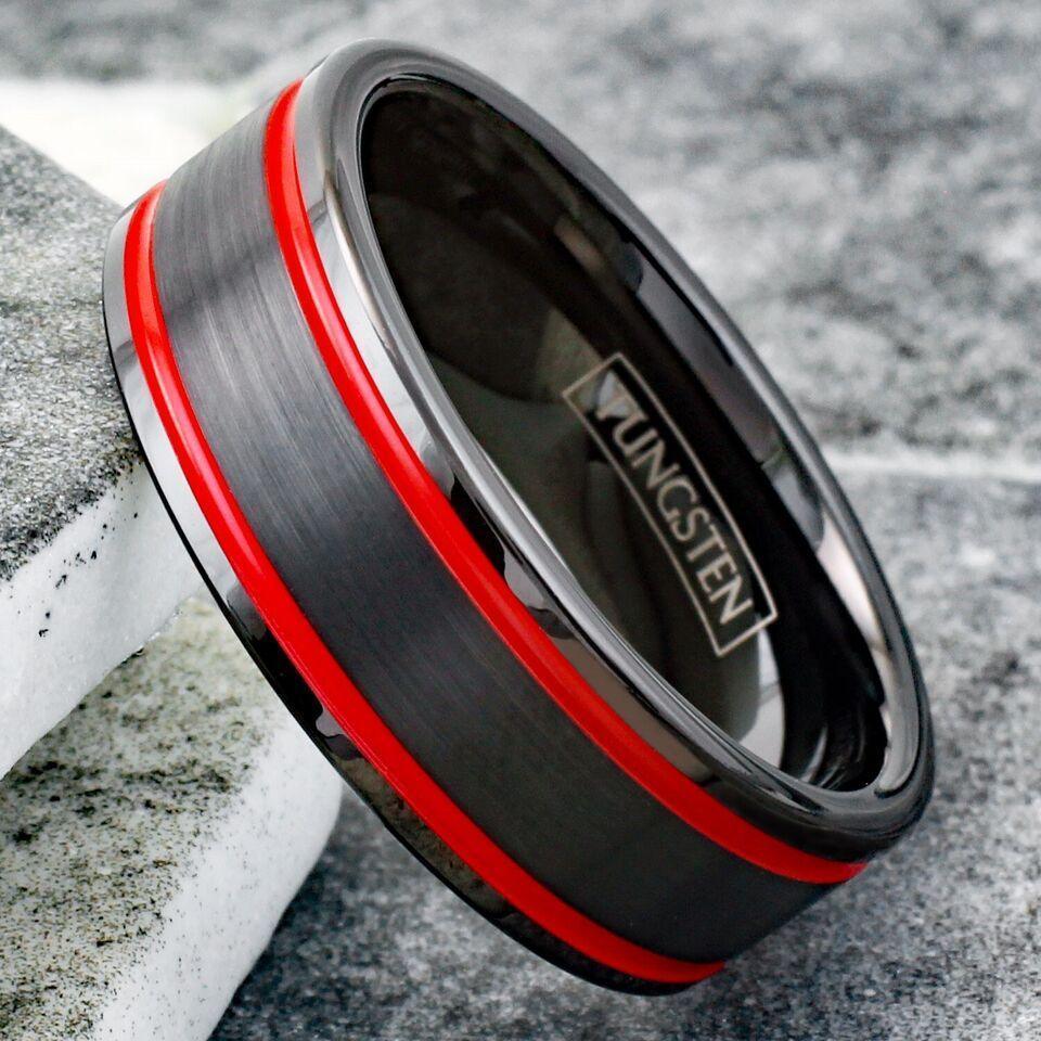 Men's Wedding Band Rings with Double Red Racing Stripes - Wedding Rings for Men and Women - Jewelry Store by Erik Rayo