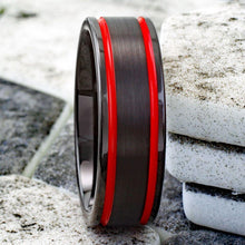 Load image into Gallery viewer, Men&#39;s Wedding Band Rings with Double Red Racing Stripes - Wedding Rings for Men and Women
