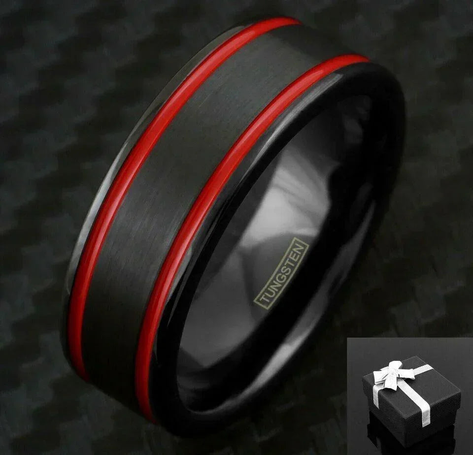 Men's Wedding Band Rings with Double Red Racing Stripes - Wedding Rings for Men and Women - Jewelry Store by Erik Rayo