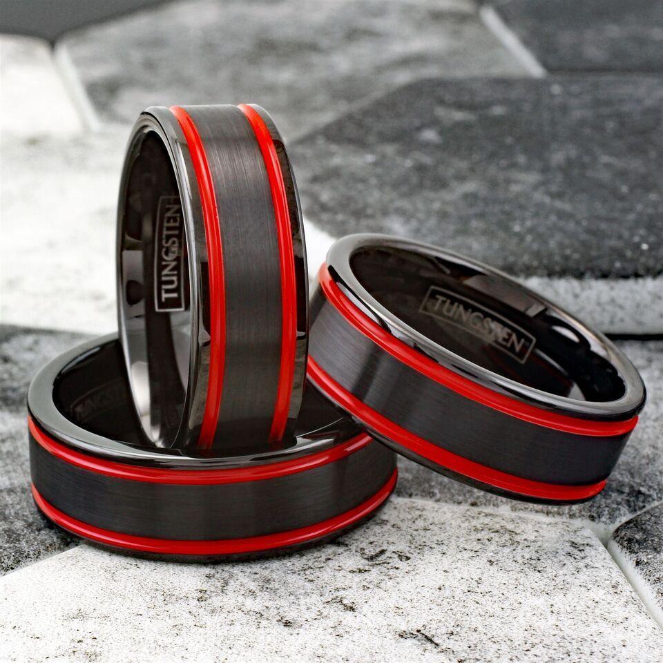 Men's Wedding Band Rings with Double Red Racing Stripes - Wedding Rings for Men and Women - Jewelry Store by Erik Rayo