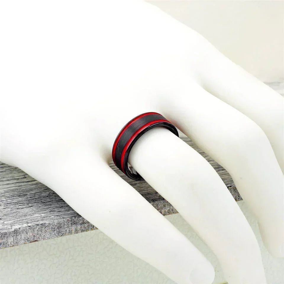 Men's Wedding Band Rings with Double Red Racing Stripes - Wedding Rings for Men and Women - Jewelry Store by Erik Rayo