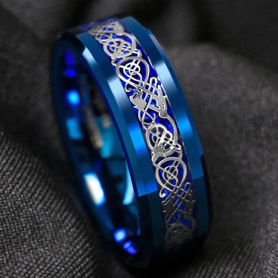 Tungsten Rings for Men Wedding Bands for Him Womens Wedding Bands for Her 8mm Blue IP Plated with Celtic Knot Dragon - Jewelry Store by Erik Rayo
