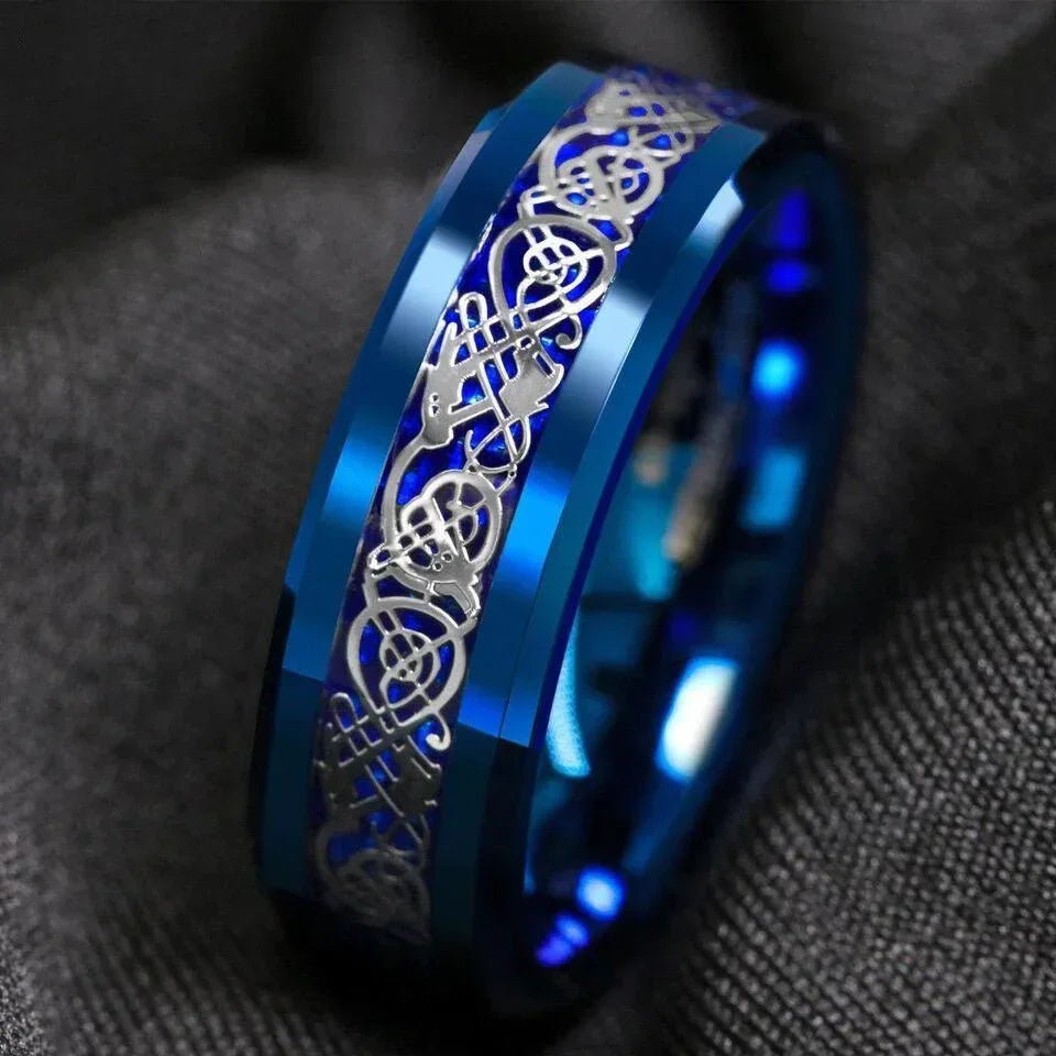 Tungsten Rings for Men Wedding Bands for Him Womens Wedding Bands for Her 8mm Blue IP Plated with Celtic Knot Dragon - Jewelry Store by Erik Rayo
