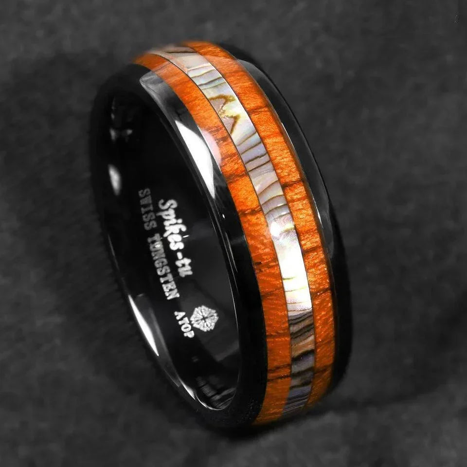 Tungsten Rings for Men Wedding Bands for Him Womens Wedding Bands for Her 8mm Black Koa Wood Abalone - Jewelry Store by Erik Rayo
