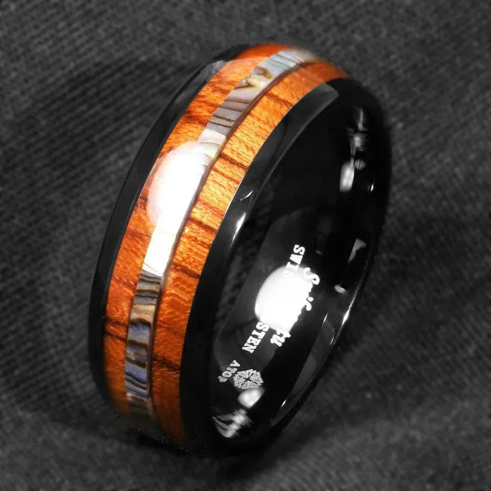 Tungsten Rings for Men Wedding Bands for Him Womens Wedding Bands for Her 8mm Black Koa Wood Abalone - Jewelry Store by Erik Rayo