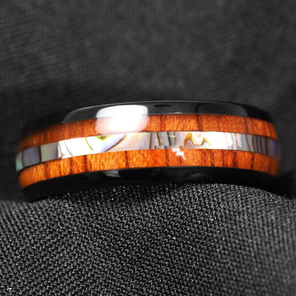 Tungsten Rings for Men Wedding Bands for Him Womens Wedding Bands for Her 8mm Black Koa Wood Abalone - Jewelry Store by Erik Rayo