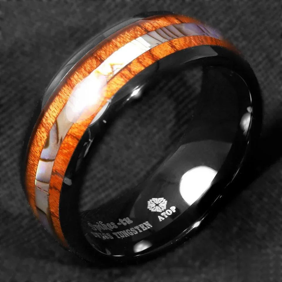 Tungsten Rings for Men Wedding Bands for Him Womens Wedding Bands for Her 8mm Black Koa Wood Abalone - Jewelry Store by Erik Rayo