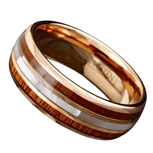6mm Rose Gold Plated Tungsten Wedding Band for Men & Women – Mother of Pearl & Koa Wood Inlay Design - Jewelry Store by Erik Rayo