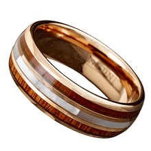 Load image into Gallery viewer, Men&#39;s Wedding Band 6mm Rose Gold Plated with Mother of Pearl and Koa Wood - Wedding Rings for Men and Women
