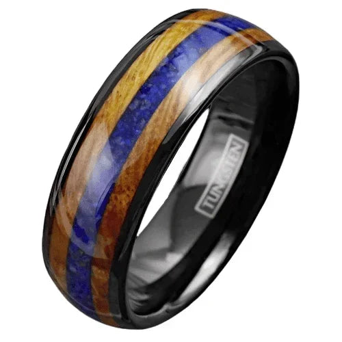 Men's Wedding Band Rings - Black Blue Lapis Lazuli & Whiskey Barrel - Wedding Rings for Men & Women - Jewelry Store by Erik Rayo