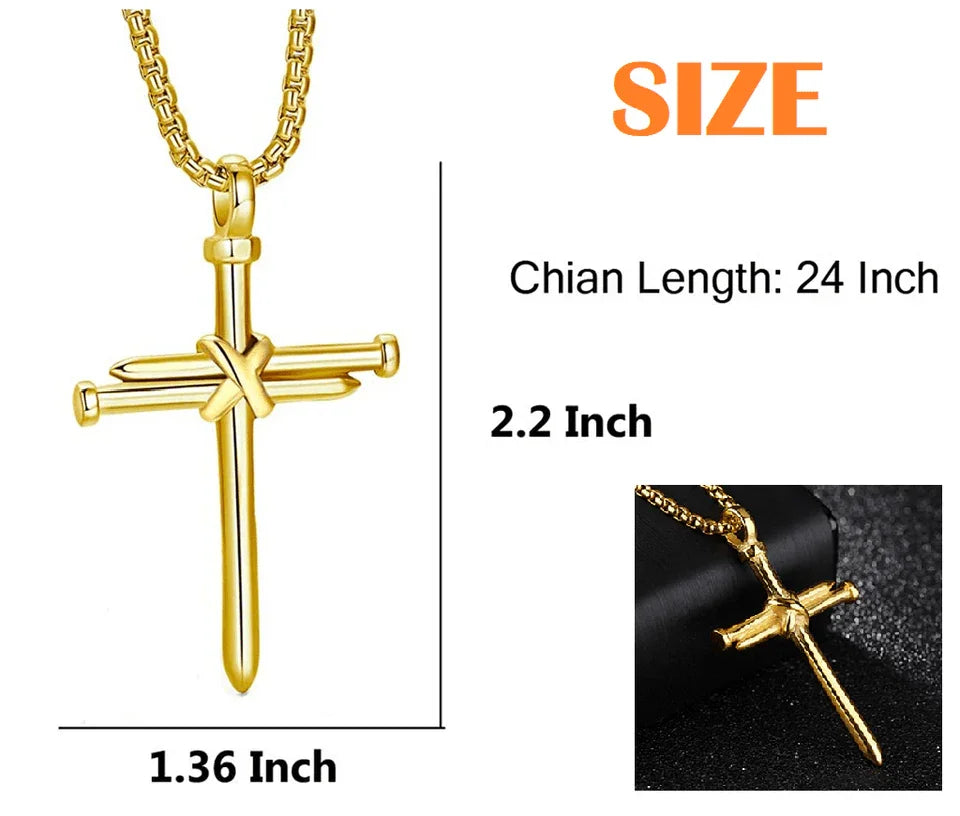 Cross Necklace for Men Nail Gold Pendant Necklace Chain 24 inch Stainless Steel