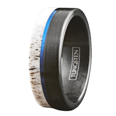 Men's Wedding Band Rings - Black Blue Deer Antler Design - Wedding Rings for Men and Women