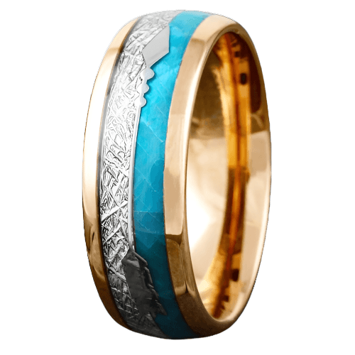 Men's Wedding Band Ring - Rose Gold Faux Blue Opal & Meteorite - Wedding Rings for Men & Women - Jewelry Store by Erik Rayo