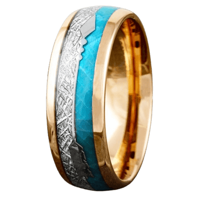 Men's Wedding Band Ring - Rose Gold Faux Blue Opal & Meteorite - Wedding Rings for Men & Women