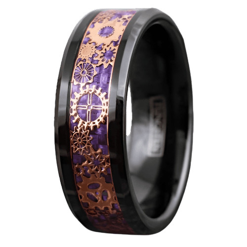 Men's Wedding Band Rings - Black Rose Gold Plated Steampunk Clockwork Gears Purple - Wedding Rings for Men and Women - Jewelry Store by Erik Rayo