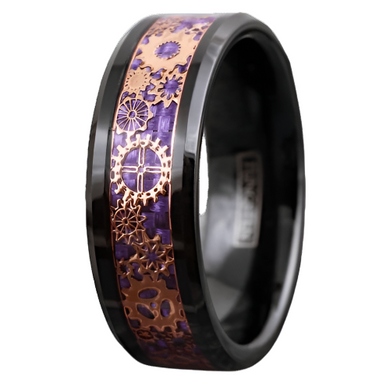 Men's Wedding Band Rings - Black Rose Gold Plated Steampunk Clockwork Gears Purple - Wedding Rings for Men and Women