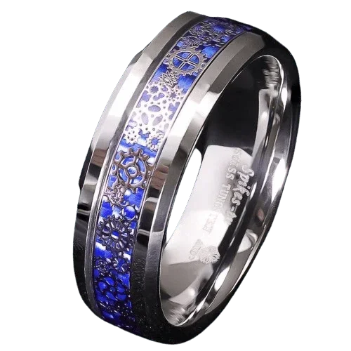Men's Tungsten Carbide Wedding Band Ring with Clockwork Gears and Blue Carbon Fiber for Men and Women - Jewelry Store by Erik Rayo