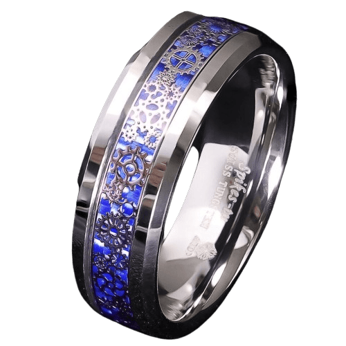 Men's Wedding Band Ring with Clockwork Gears and Blue Carbon Fiber for Men and Women