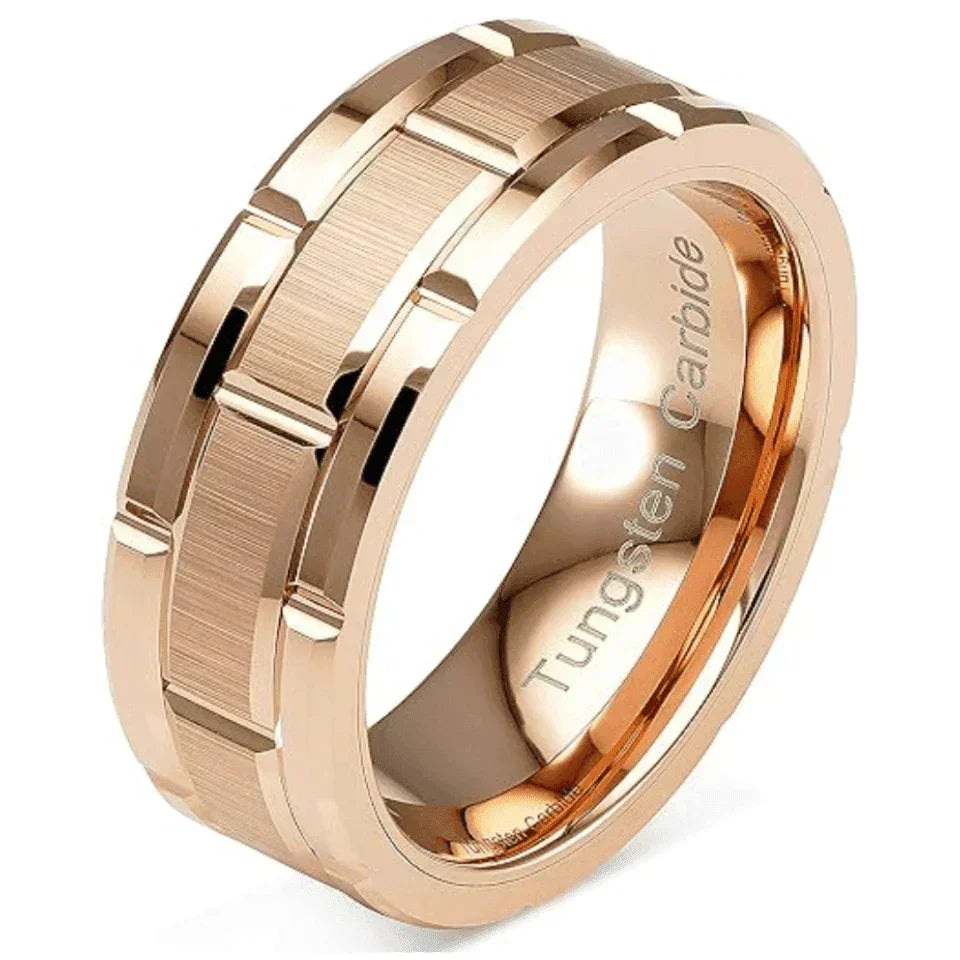 Men's Rose Gold Wedding Band Ring with Brushed Brick Pattern - Women's/Men's Wedding Rings - Jewelry Store by Erik Rayo