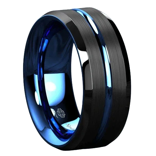 Blue Line Black Brushed Wedding Band Ring - Unisex Wedding Rings - Jewelry Store by Erik Rayo