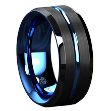 Load image into Gallery viewer, Men&#39;s Wedding Band - Blue Line Black Brushed Ring for Men and Women
