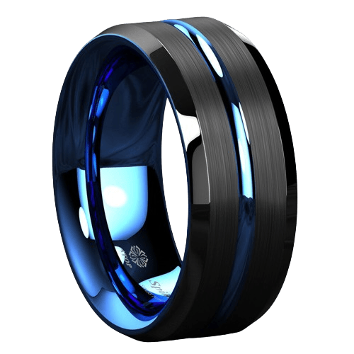 Men's Wedding Band - Blue Line Black Brushed Ring for Men and Women