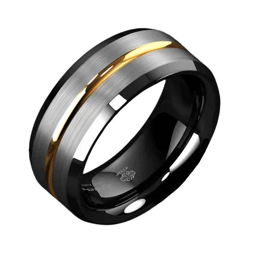 Silver Brushed Black Edge Wedding Band with Gold Line - Unisex Wedding Rings - Jewelry Store by Erik Rayo