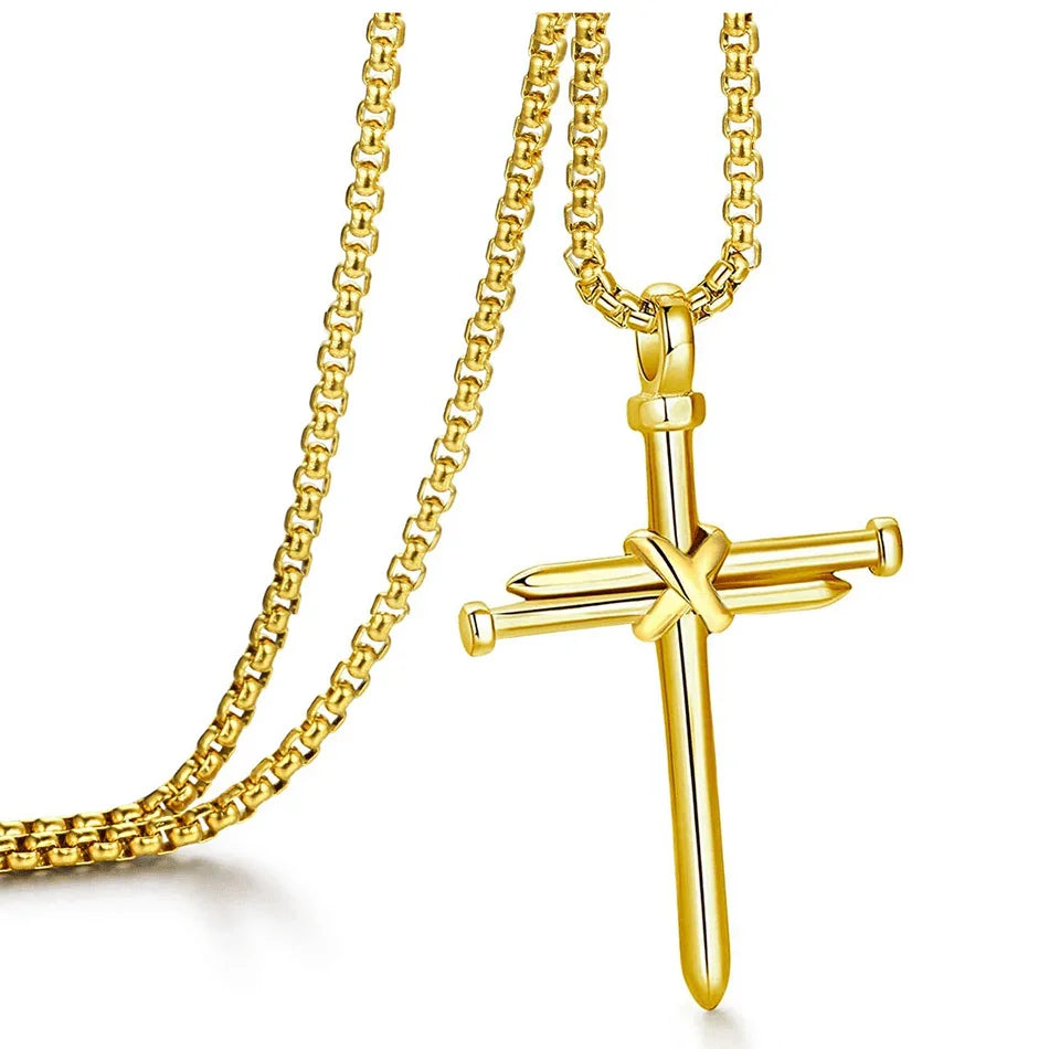 Cross Necklace for Men Nail Gold Pendant Necklace Chain 24 inch Stainless Steel