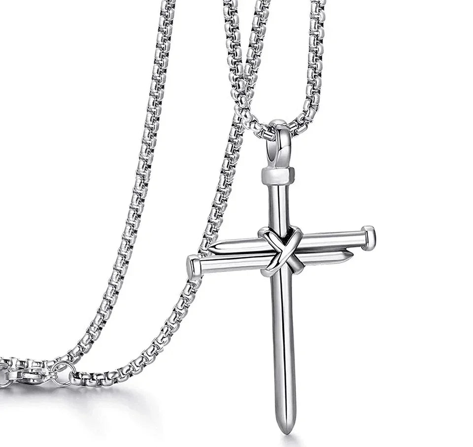 Cross Necklace for Men Nail Silver Pendant Necklace Chain 24 inch Stainless Steel - Jewelry Store by Erik Rayo