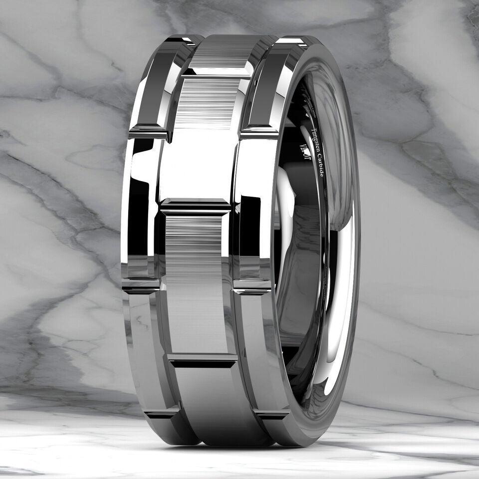 Men's Tungsten Carbide Wedding Band Ring Silver Brushed Bricked Pattern - Jewelry Store by Erik Rayo