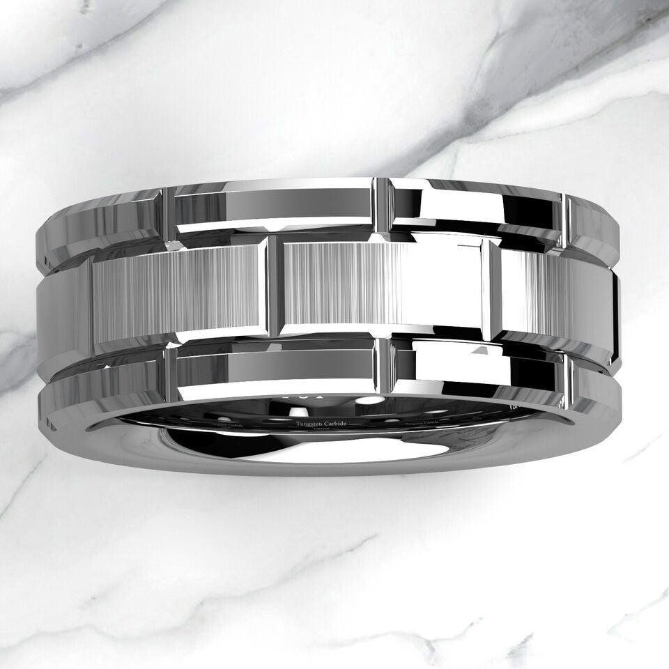 Men's Tungsten Carbide Wedding Band Ring Silver Brushed Bricked Pattern - Jewelry Store by Erik Rayo