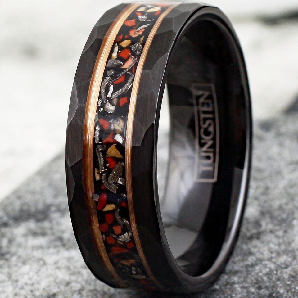 Men's Wedding Band Ring - Black Faux Dinosaur Bone & Meteorite with Rose Gold Plated Stripe - Wedding Rings for Men & Women - Jewelry Store by Erik Rayo